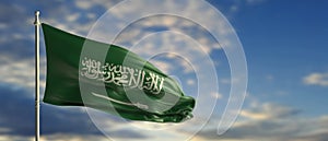 Saudi Arabia flag waving on blue sky background. 3d illustration