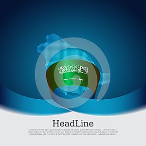 Saudi Arabia flag with wavy ribbon on a blue white background. Background with flag of saudi arabia, mosaic map. National poster