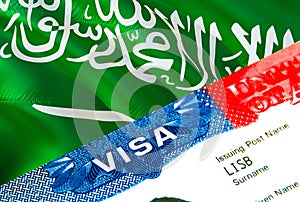 Saudi Arabia immigration visa. Closeup Visa to Saudi Arabia focusing on word VISA, 3D rendering. Travel or migration to Saudi