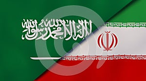 Saudi Arabia Iran national flags. News, reportage, business background. 3D illustration