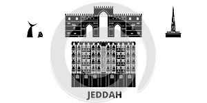 Saudi Arabia, Jeddah flat travel skyline set. Saudi Arabia, Jeddah black city vector illustration, symbol, travel sights