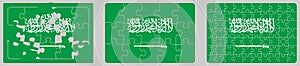 Saudi Arabia kingdom flag made out of puzzle pieces, different versions.