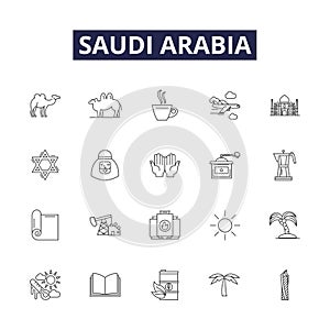 Saudi arabia line vector icons and signs. Arabia, Middle East, Oil, Despotism, Islam, Desert, Religious, Riyadh outline