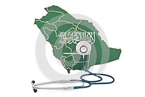 Saudi Arabia map with stethoscope, national health care concept, 3D rendering