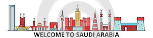 Saudi Arabia outline skyline, arab flat thin line icons, landmarks, illustrations. Saudi Arabia cityscape, arab travel