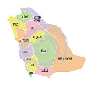 Saudi Arabia political map with region names.