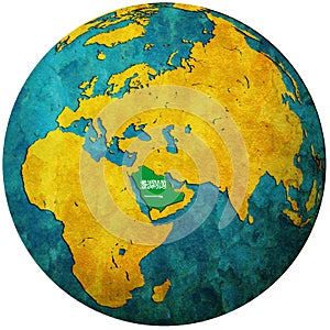 saudi arabia flag on globe map