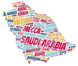 Saudi Arabia top travel destinations word cloud photo