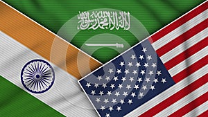 Saudi Arabia United States of America India Flags Together Fabric Texture Illustration