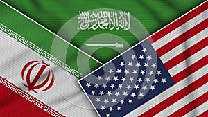 Saudi Arabia United States of America Iran Flags Together Fabric Texture Illustration