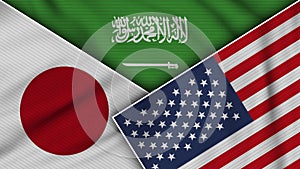 Saudi Arabia United States of America Japan Flags Together Fabric Texture Illustration