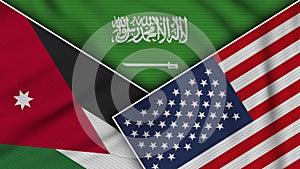 Saudi Arabia United States of America Jordan Flags Together Fabric Texture Illustration