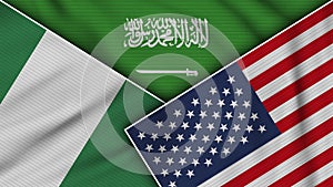 Saudi Arabia United States of America Nigeria Flags Together Fabric Texture Illustration