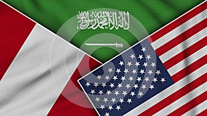 Saudi Arabia United States of America Peru Flags Together Fabric Texture Illustration