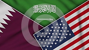 Saudi Arabia United States of America Qatar Flags Together Fabric Texture Illustration