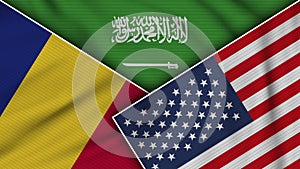 Saudi Arabia United States of America Romania Flags Together Fabric Texture Illustration