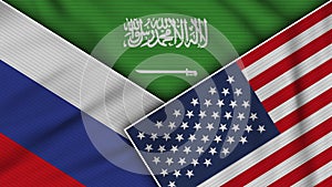 Saudi Arabia United States of America Russia Flags Together Fabric Texture Illustration