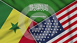 Saudi Arabia United States of America Senegal Flags Together Fabric Texture Illustration