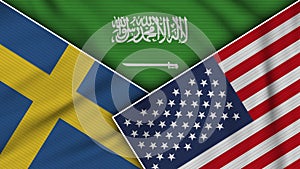 Saudi Arabia United States of America Sweden Flags Together Fabric Texture Illustration