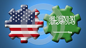 Saudi Arabia and USA United States of America Wheel Gears Flags â€“ 3D Illustrations