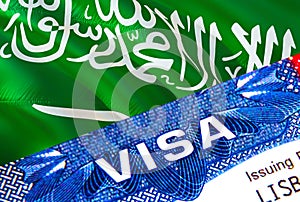 Saudi Arabia visa stamp in passport with VISA text. Passport traveling abroad concept. Travel to Saudi Arabia concept - selective