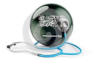 Saudi Arabian flag with stethoscope. Health care in Saudi Arabia concept, 3D rendering