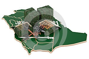 Saudi Arabian map with weapons. Military supplies in Saudi Arabia, concept. 3D rendering