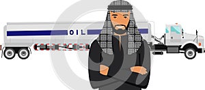 Saudi Arabic Man in Traditional National Clothes and Gasoline Truck in Flat Style. Vector illustration.