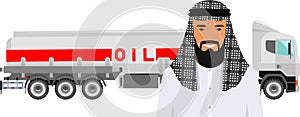 Saudi Arabic Man in Traditional National Clothes and Gasoline Truck in Flat Style. Vector illustration.