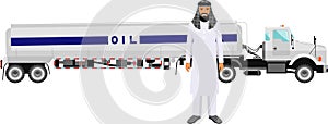 Saudi Arabic Man in Traditional National Clothes and Gasoline Truck in Flat Style. Vector illustration.