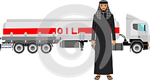 Saudi Arabic Man in Traditional National Clothes and Gasoline Truck in Flat Style. Vector illustration.