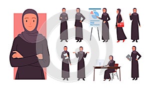 Saudi female office worker character poses set, arab woman in muslim robe and hijab