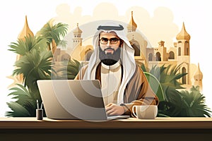 A Saudi individual sits at a desk utilizing a laptop with various poses against a white backdrop