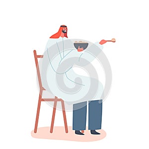 Saudi Male Character Wear Traditional Thawb or Kandura Dress Sitting on Chair Holding Bowl with Food Isolated on White