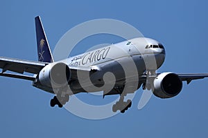 Saudia Cargo plane flying up in the sky