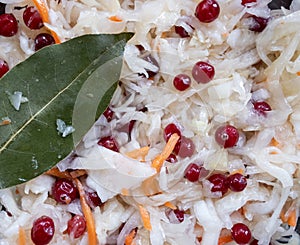 sauerkraut with cranberries and bay leaf close-up