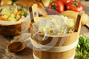 Sauerkraut in a wooden barrel