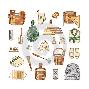 Sauna accessories - washer, broom, tub, bucket, towel and other. Bath accessories made of wood