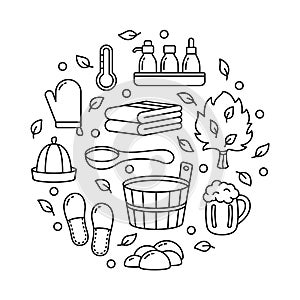 Sauna or bath set, graphic round template for spa emblem, label, print, poster. Black line art illustration of wooden tub, ladle,
