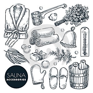 Sauna and bathhouse accessories set. Vector hand drawn sketch illustration. Bath and spa isolated design elements