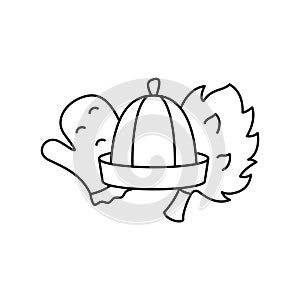 Sauna hat, broom, mitten. Line art icon of bath accessory for Russian banya. Black simple illustration. Contour isolated vector
