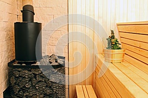 Sauna interior with accessories