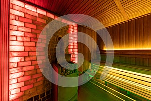 sauna interior with atmospheric multi-colored lighting