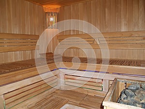 Sauna interior. Wooden finishing of the room