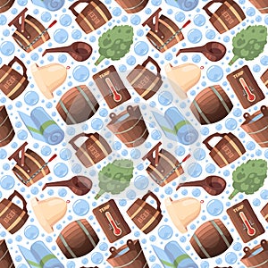 Sauna seamless. Spa relax russian sauna items textile design objects garish vector pattern in cartoon style