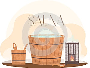 Sauna or SPA center banner template with accessories for relaxation in steam banya or hot sauna