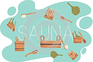 Sauna or SPA center banner template with accessories for relaxation in steam banya or hot sauna