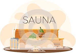 Sauna or SPA center banner template with accessories for relaxation in steam banya or hot sauna