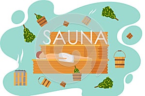 Sauna or SPA center banner template with accessories for relaxation in steam banya or hot sauna