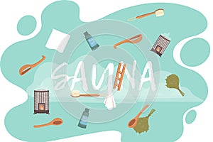 Sauna or SPA center banner template with accessories for relaxation in steam banya or hot sauna